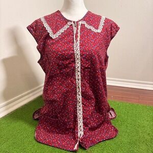 Vtg 60s Housemaid Housecoat  Micro Ditsy Floral Lace Pockets Zip Up Duster Shirt